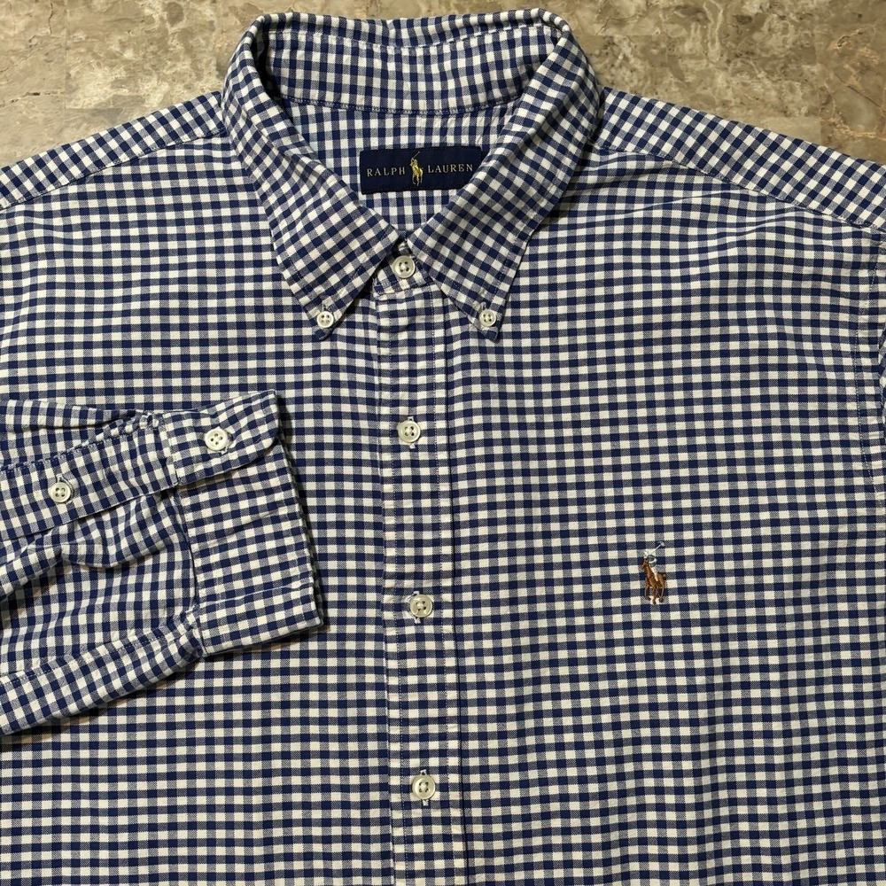 Polo Ralph Lauren Shirt Mens 2XL Blue Classic Fit Gingham Oxford OCBD